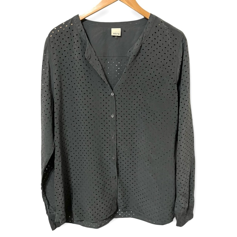 Ecru Gray Silk Eyelet Button Down Shirt Size XL - Picture 3 of 11